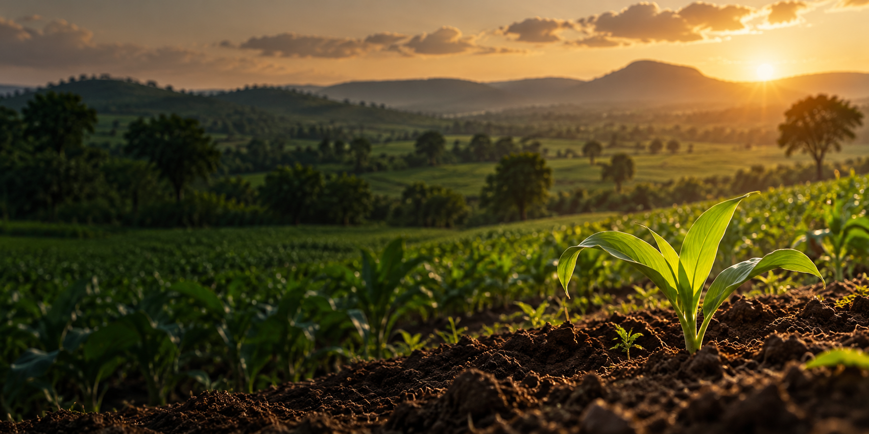 Young seedling in fertile soil overlooking sunlit green farmland